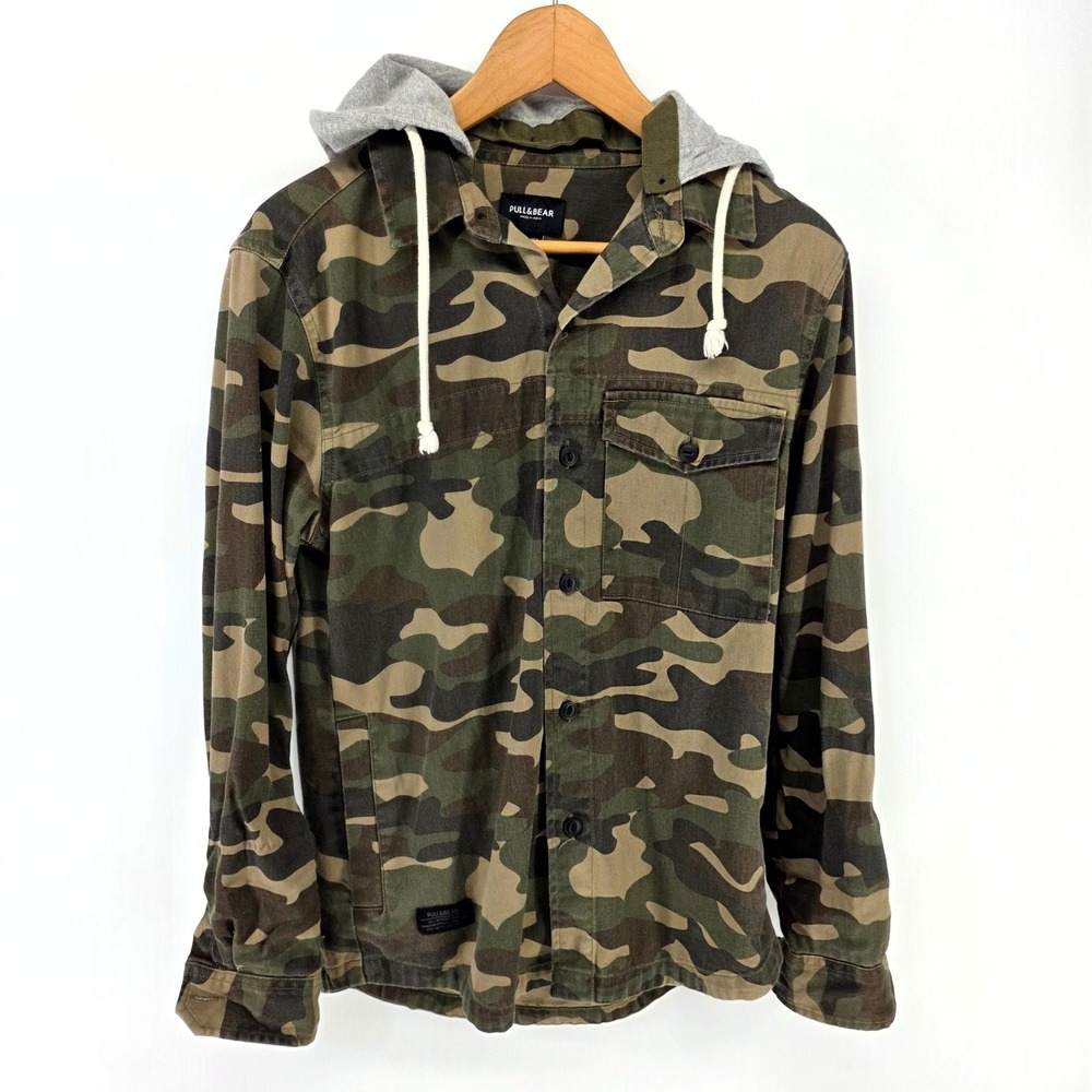 Pull&Bear Hooded Shirt Jacket Men S Green Camo Utility Streetwear Shacket Hooded